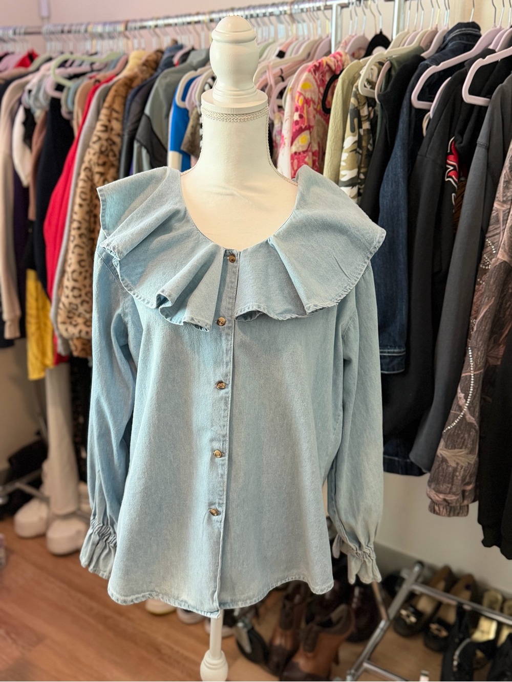 Light Wash Denim Ruffle Collar Blouse
